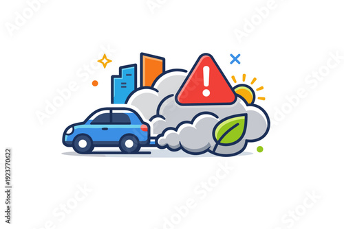 Urban Air Quality Symbol. Car exhaust fumes illustrated as a warning moment where visible emissions become the central symbol of urban air quality challenges