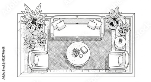 Top-down view of a cozy living room with furniture arrangement and plants.