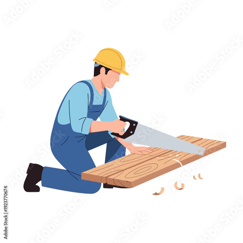 Carpenter using handsaw to cut wood planks, wearing hard hat and overalls