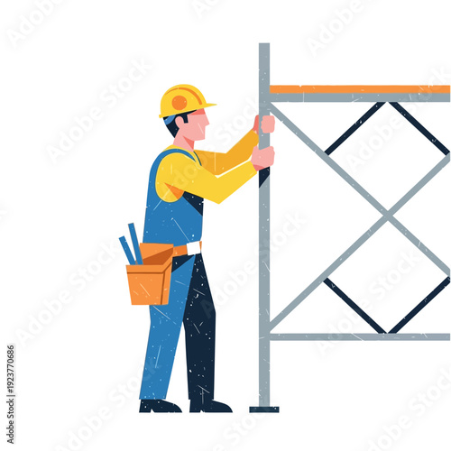 Construction worker assembling scaffolding on white background