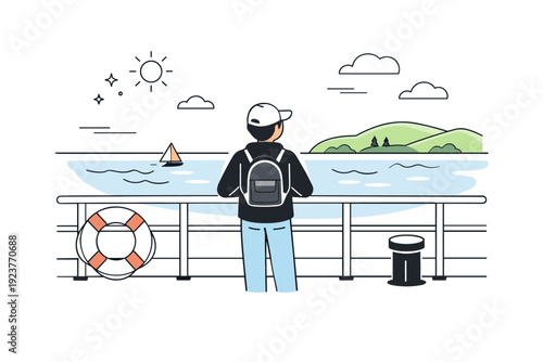 Looking at passing scenery. Person standing on a ferry deck, watching water and distant shoreline move slowly. Open space, gentle wind,