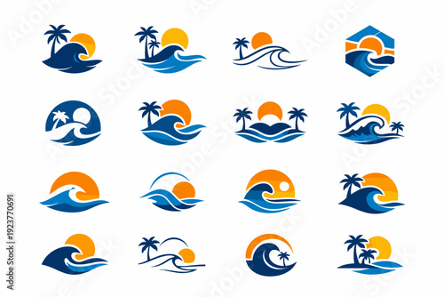 Tropical Beach. Icon set. Set Logo of Tropical Beach: ocean wave with sun. harmonious logo variations of the same emblematic concept, each