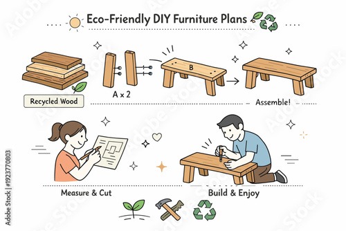 Eco-friendly DIY furniture plans. Recycled wood panels and simple diagrams appear together, highlighting sustainable design and mindful making. The mood is