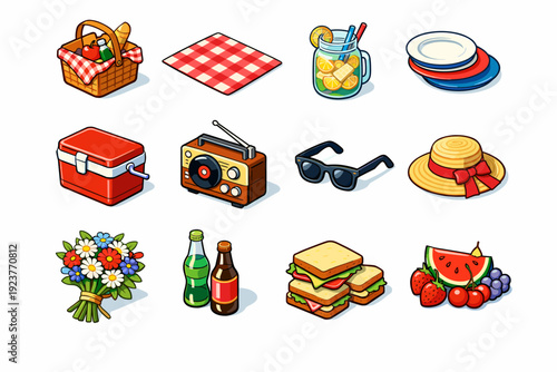 Vintage Summer Picnic. Colorful isometric vector icons set of Vintage Summer Picnic: picnic basket, checkered blanket, lemonade jar, enamel