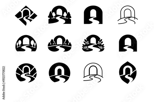 Hidden Garden. Icon set. Set Logo of Hidden Garden: winding garden path. harmonious logo variations of the same emblematic concept, each with different