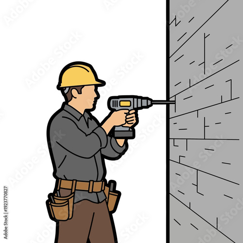 Construction worker drilling hole in brick wall, safety helmet, tool belt
