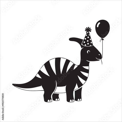 Cute Parasaurolophus Dinosaur with Party Hat and Balloon Silhouette for Birthday Invitations