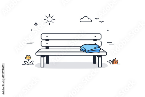 Empty spaces with human traces. An unoccupied park bench with a folded jacket resting on one side. Lingering warmth, silent aftermath, gentle