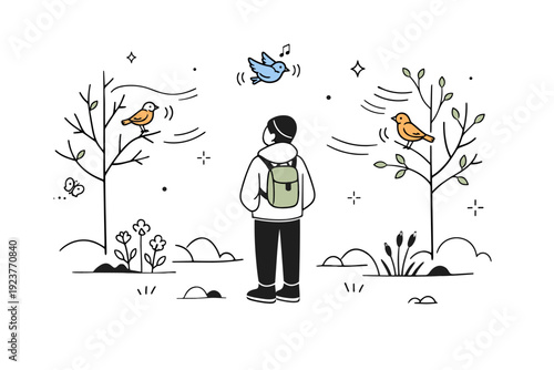 Spring equinox nature walks ? listening to birds and sounds. A calm scene with a person standing still, small bird icons and sound lines