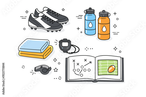 Football preseason conditioning. A top-view still life of training essentials with cleats, water bottles, towels and playbooks neatly