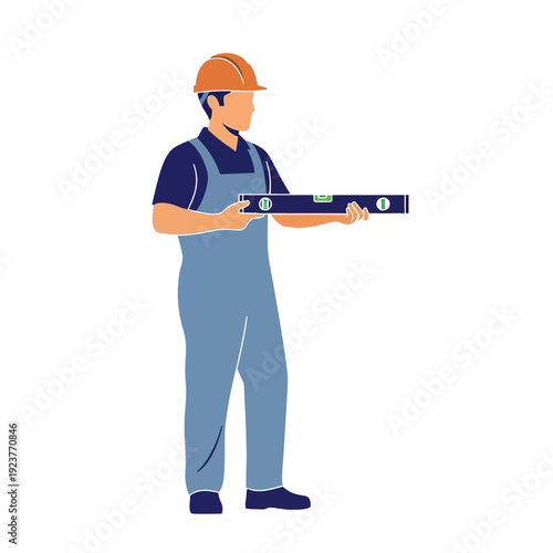 Construction worker holding a spirit level tool, isolated on white