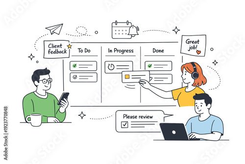 Async project coordination. A scene of team members interacting through a shared digital workspace, moving tasks, and leaving notes for colleagues at different