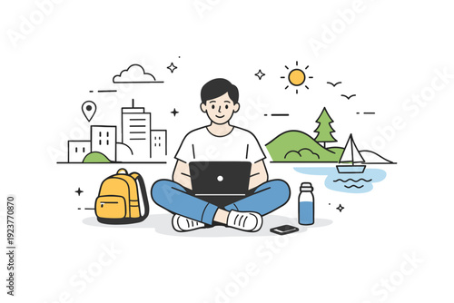 Digital nomad. Person working on a laptop in a calm outdoor setting, simple city and nature elements blended together, relaxed mood of remote