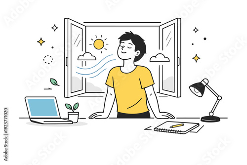 Creative work with natural ventilation. Individual pausing to breathe deeply by an open window before continuing creative tasks. Mindful
