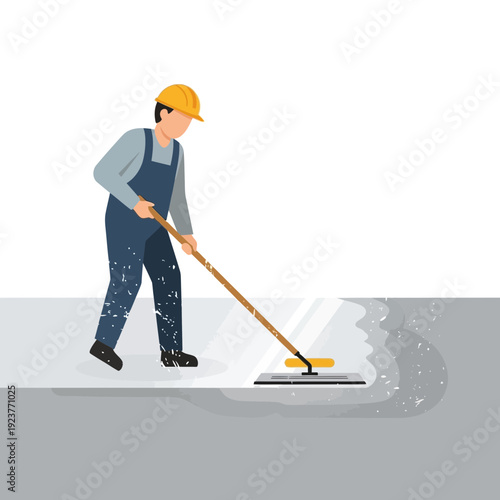 Construction worker spreading sealant with a squeegee tool