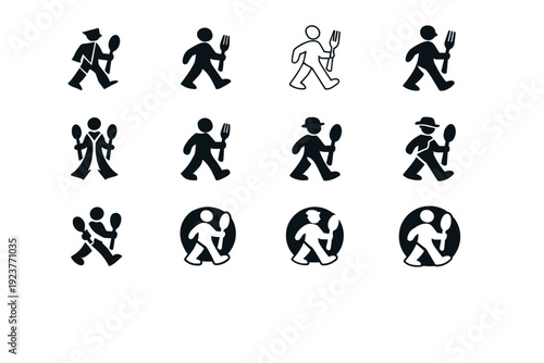 Food tasting tours. Icon set. Set Logo of Food tasting tours: walking tour with utensils. harmonious logo variations of the same emblematic concept, each with