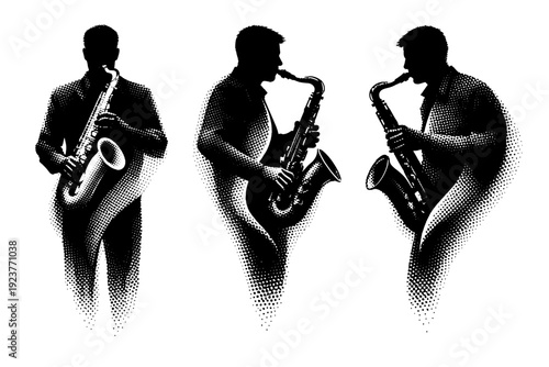 Saxophone Silhouette Art. Musician silhouette a musician playing a saxophone with curved instrument shape integrated into the body shown in frontal view