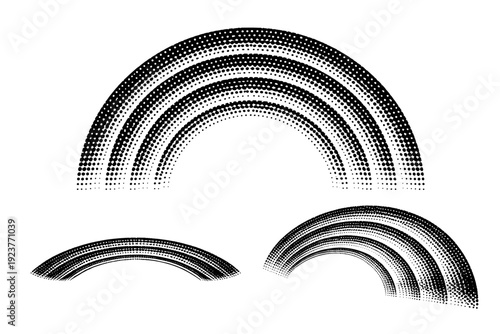 Halftone dotted curve concentric arc band A concentric arc band curve is represented as a single object displayed from three different views: front view, side