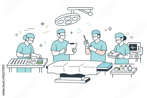 Operating room preparation. Surgeons and nurses preparing instruments, subtle abstract shapes floating to indicate focus and precision, clean