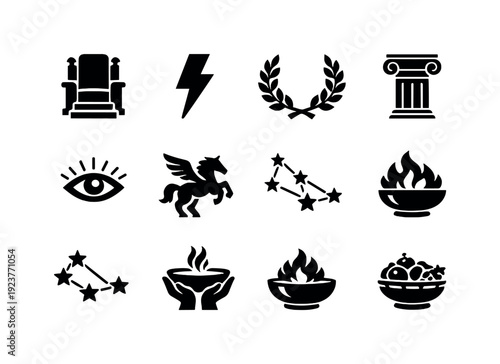 Divine pantheon landscape. Filled icon set of Divine pantheon landscape: godly throne,