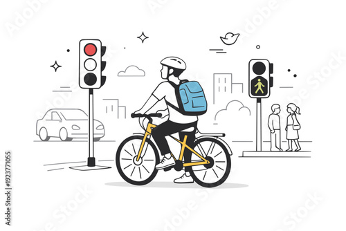 Urban cycling daily commute moments. Stopping at a city intersection, cyclist waiting at a traffic light with relaxed posture, cars and