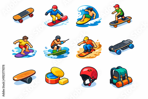 Board sports. Colorful isometric vector icons set of Board sports: skateboard deck, snowboard carving, surfboard cutback, longboard ride, skimboard slide,