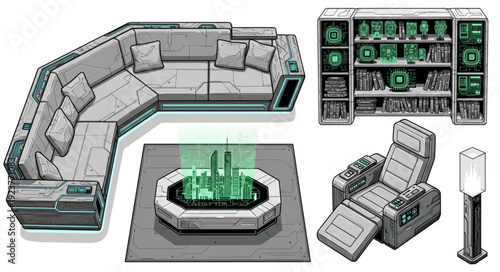 Futuristic interior design showcasing a sectional sofa, armchair, and entertainment center.