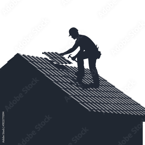 Roofer silhouette installing roof tiles on house
