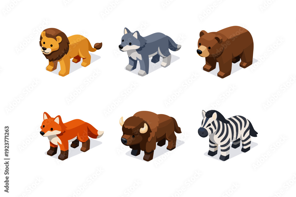 Fototapeta premium Wild mammals. Isometric flat vector icons set of wild mammals: lion, wolf, bear, fox, bison, zebra. Arrange all isometric objects in a ? grid