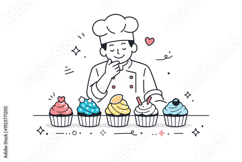 Cupcake Culinary Artistry. Pastry decoration details. A chef reviews decorated cupcakes lined up neatly on a table. Feeling of satisfaction and visual harmony