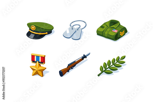 Military Honor Icons. Military honor. Isometric flat vector icons set of military honor: service cap, pair of dog tags, folded uniform jacket, honor badge
