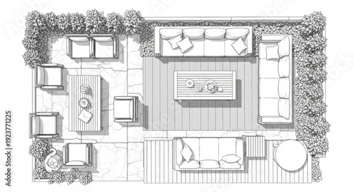 Outdoor living space design with furniture arrangement and layout.