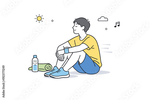 Silence after activity. A person sits resting after movement, shoulders lowered and body language calm. The scene emphasizes stillness following action and a
