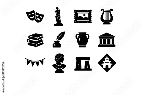 Cultural Icons Grid. Cultural History. Solid icon set of Cultural History: theater mask, classical statue, painting frame, musical lyre, book stack, quill pen,