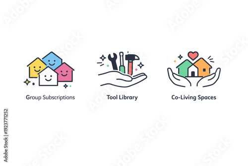 Friendly economy icons. Symbols for group subscriptions, tool libraries, and co-living spaces, designed with abstract metaphors