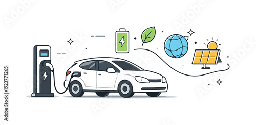 Electric car charging at a station with icons for sustainability and renewable energy