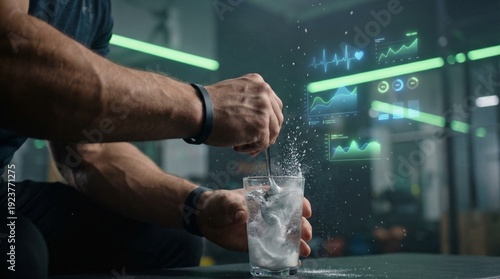 Mixing Sports Nutrition Powder in Water with Digital Health Data Hologram Background