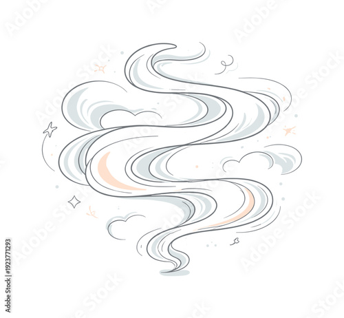 Whimsical swirling smoke or steam illustration with soft pastel colors and playful stars