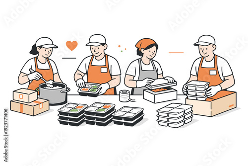 Urban community kitchen meal packaging. Volunteers calmly filling containers with food and sealing them for distribution, with soft movement