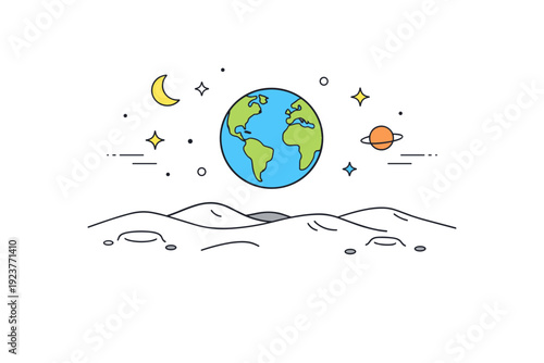 Moon landscape with Earth view. A tranquil lunar surface scene with the Earth softly floating in the sky above the horizon. Balanced cosmic