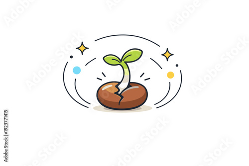 Seed to sprout illustration. A small seed breaking open with a gentle sprout emerging, framed by soft circular energy lines. New life, hope,