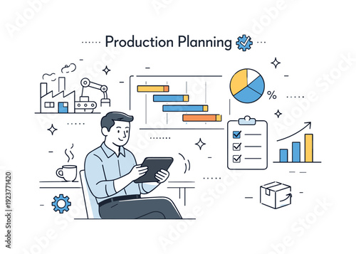 Efficient Production Planning. Production planning. Calm office-industrial hybrid scene with a manager reviewing production schedules and diagrams on a tablet.