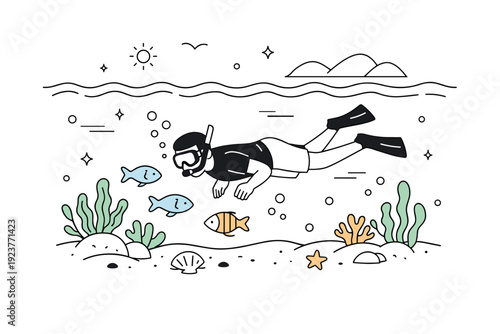 Snorkeling near the shore. Shallow sea scene with swimmer observing fish and plants, gentle waves above and sandy bottom visible. Calm