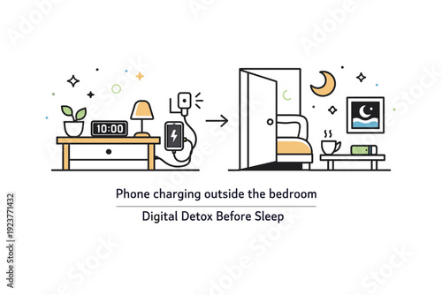 Intentional phone use habits. An evening routine scene with a phone charging outside the bedroom, soft lighting and calming decor. Digital