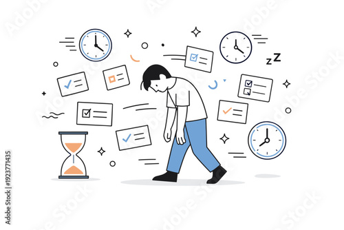 Early burnout signals. A person surrounded by multiple simple task cards and clocks, moving slowly while time symbols repeat around. The