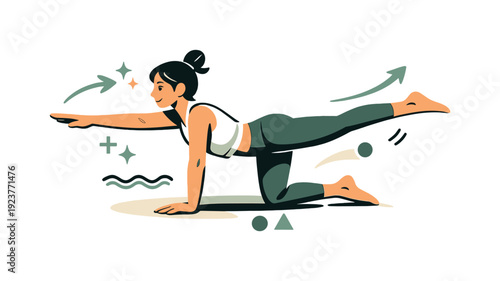 Pilates balance exercise. Person extending arms and legs in a slow, controlled motion,