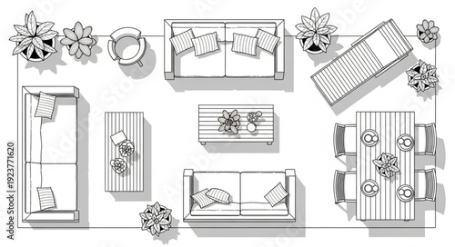 Top-down view of a room with furniture and decorations, black and white.