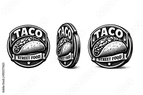 Taco Badge Trio. Taco street food badge. A realistic taco street food badge shown as a single object from three different angles: front view, side view, and