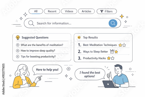 Smart AI search assistance. An abstract interface with filters, suggested questions, and ranking indicators, supportive guidance and reduced cognitive load.