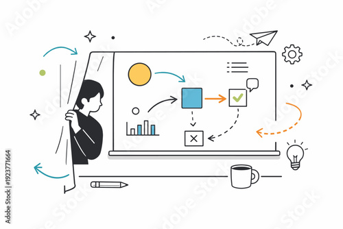 Influence without visibility. A person quietly guides outcomes from behind the scenes, with subtle arrows shaping decisions on a shared